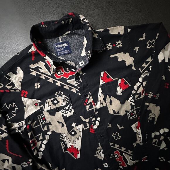 Vintage Wrangler Shirt Mens Large Black Aztec Western Cowboy Cut Y2k Long Tail - Picture 1 of 10